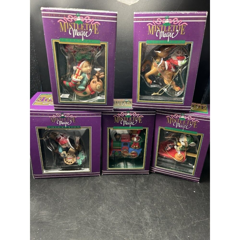 5 Mistletoe Magic Christmas Ornament Orig Boxes Baby Reindeer Train Mouse & Elf